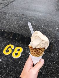 Close-up of hand holding ice cream cone