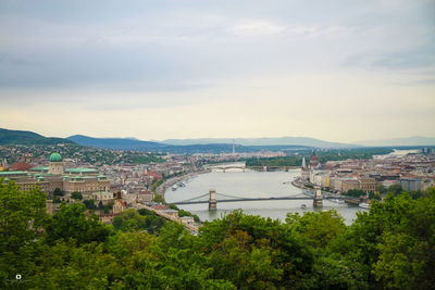 High angle view of city and buildings against sky