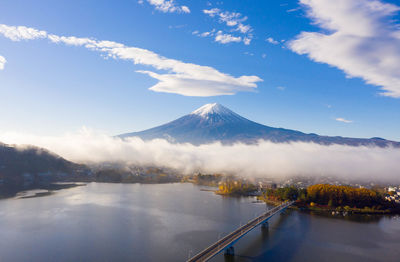 Scenic view of lake against cloudy sky at kawaguchiko lake,japan