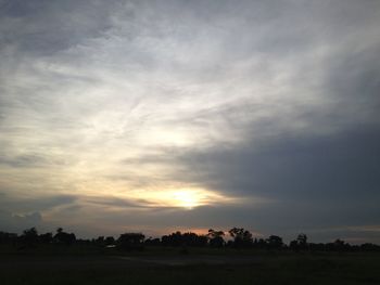 Silhouette trees on field against sky at sunset