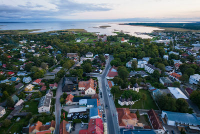 An aerial view of kuressaare city in saaremaa island during late august evening.