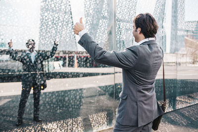 Friends standing in a city