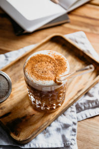 High angle view of coffee cup on table