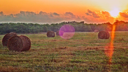 Hay bales on field against sky during sunset