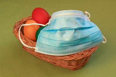 High angle view of blue basket on table