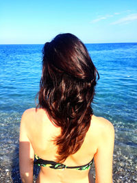 Rear view of woman standing at beach