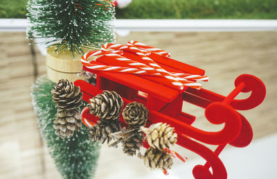 Close-up of christmas decorations on table