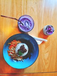 High angle view of breakfast on table