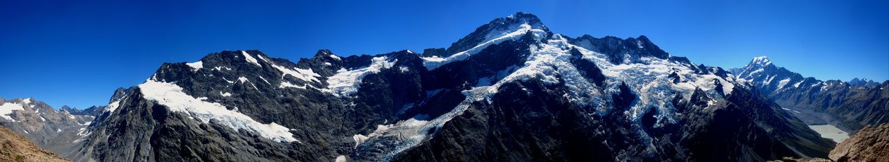 Panoramic view of snowcapped mountains against blue sky