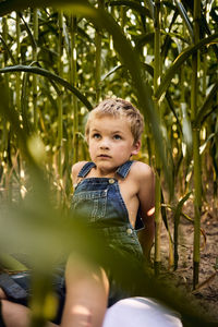 Portrait of cute boy against plants