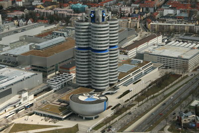 High angle view of modern buildings in city