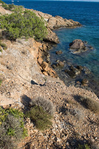 High angle view of rocks on beach