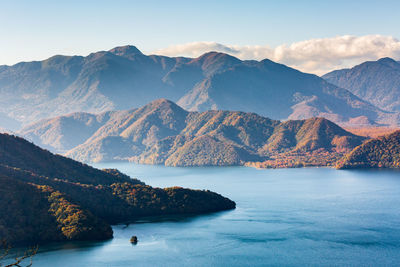 Scenic view of sea and mountains against sky