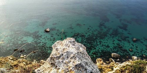 High angle view of rock formation in sea