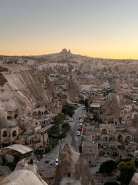 High angle view of townscape against sky during sunset