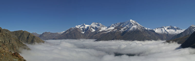 Panoramic view of mountains against clear sky