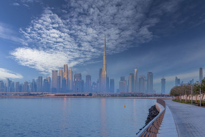 Dubai skyline view burj khalifa from al jadaf beach