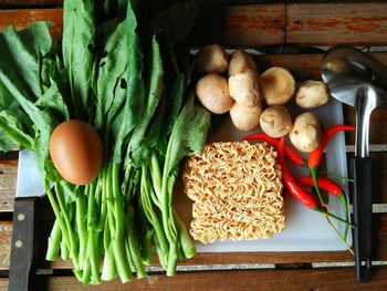 High angle view of vegetables in tray on table