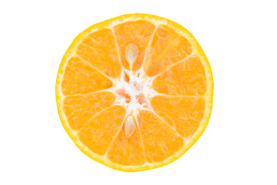 Close-up of orange slice against white background