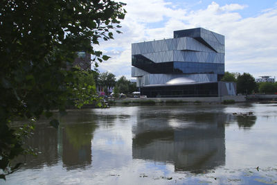 Reflection of building in lake against sky