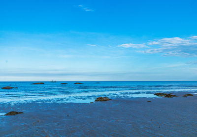 Scenic view of sea against blue sky