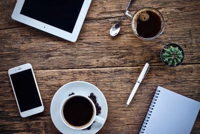 High angle view of coffee cup on table