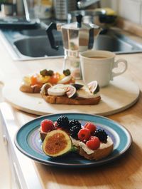 High angle view of breakfast served on table