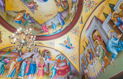 Low angle view of multi colored ceiling in temple