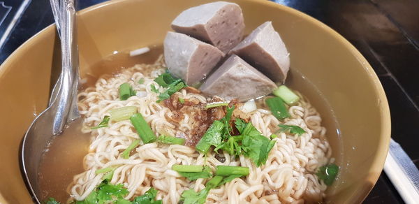 High angle view of food in bowl on table