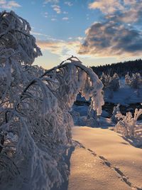 Snow covered land against sky during sunset