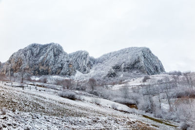 Scenic view of mountains against sky during winter