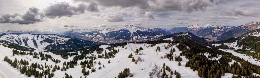 Panoramic view of snowcapped mountains against sky