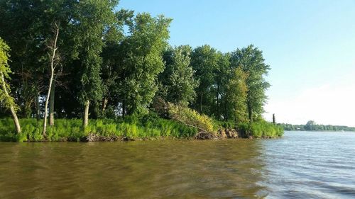 Scenic view of calm river against clear sky