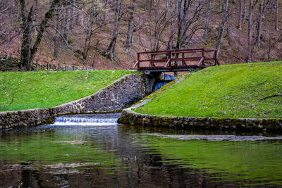 Bridge over stream by lake