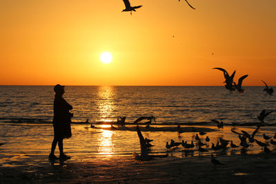 Silhouette people on beach against sky during sunset