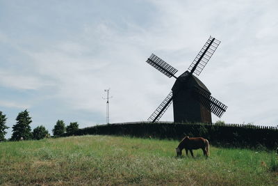 Horse grazing against windmill on landscape