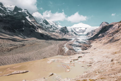 Panoramic view of johannisberg peak and pasterze glacier, austria.