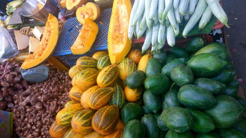 High angle view of vegetables and fruits at market stall