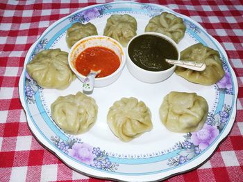 High angle view of breakfast served on table
