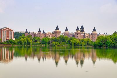 Reflection of buildings in lake