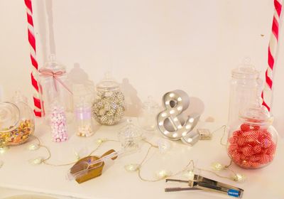 High angle view of christmas decorations on table