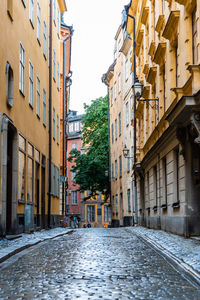 Wet street amidst buildings in city