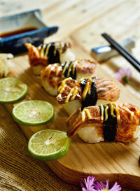 High angle view of sushi served in plate on table