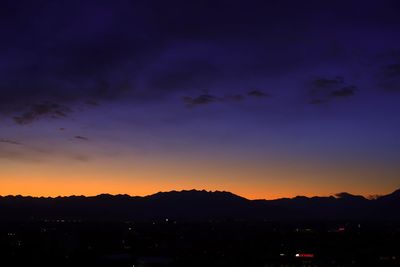 Scenic view of silhouette mountains against sky at sunset