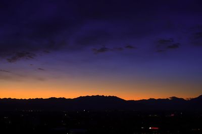 Scenic view of silhouette mountains against sky at sunset