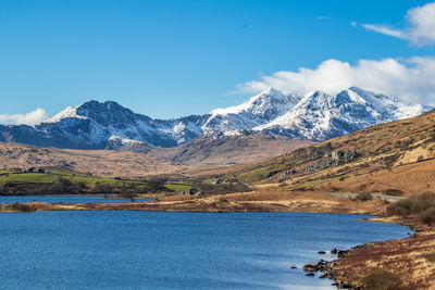 Scenic view of snowcapped mountains against blue sky