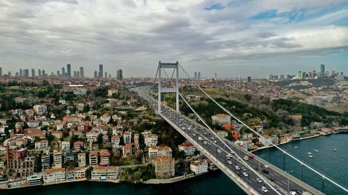 High angle view of 15-temmuz bridge and river amidst buildings in city against sky