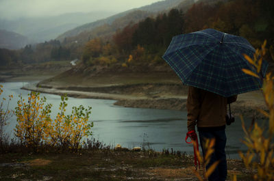 Rear view of man with umbrella standing by lake