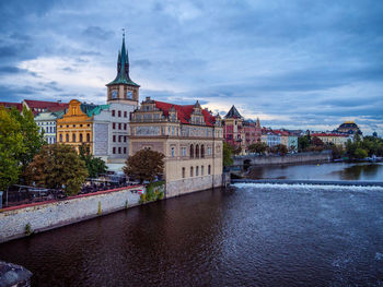 Buildings at waterfront against cloudy sky