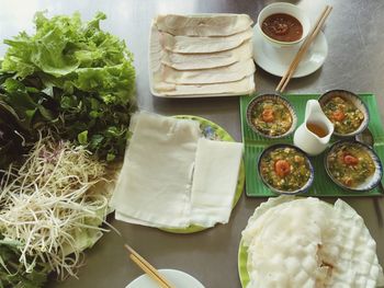 High angle view vietnamese food on table